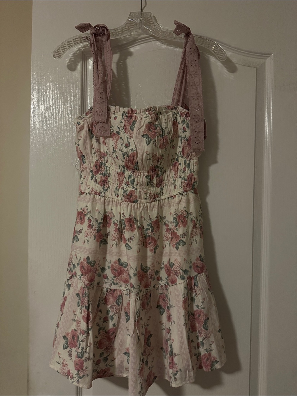 Trixxi Cream Mini Dress with Pink Floral Print and Dusty Pink Tie Straps